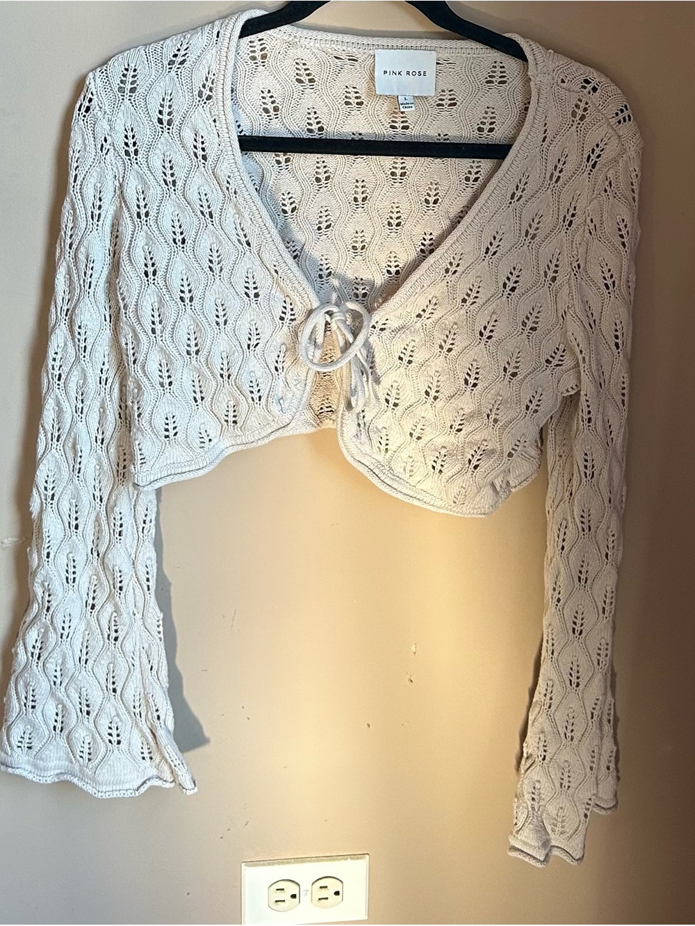 Pink Rose Cream Crochet Tie-Front Cropped Cardigan